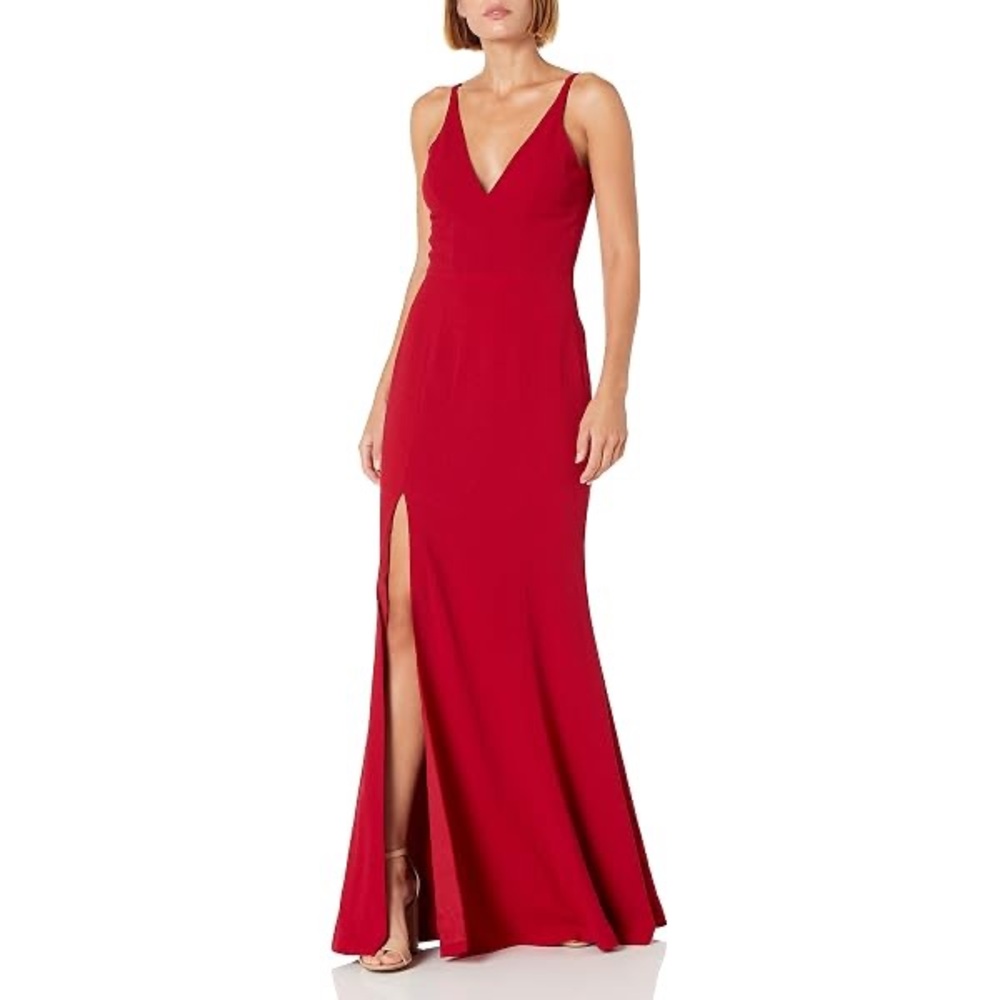 Dress the Population Iris Gown Red V-Neck Spaghetti Strap Evening Dress